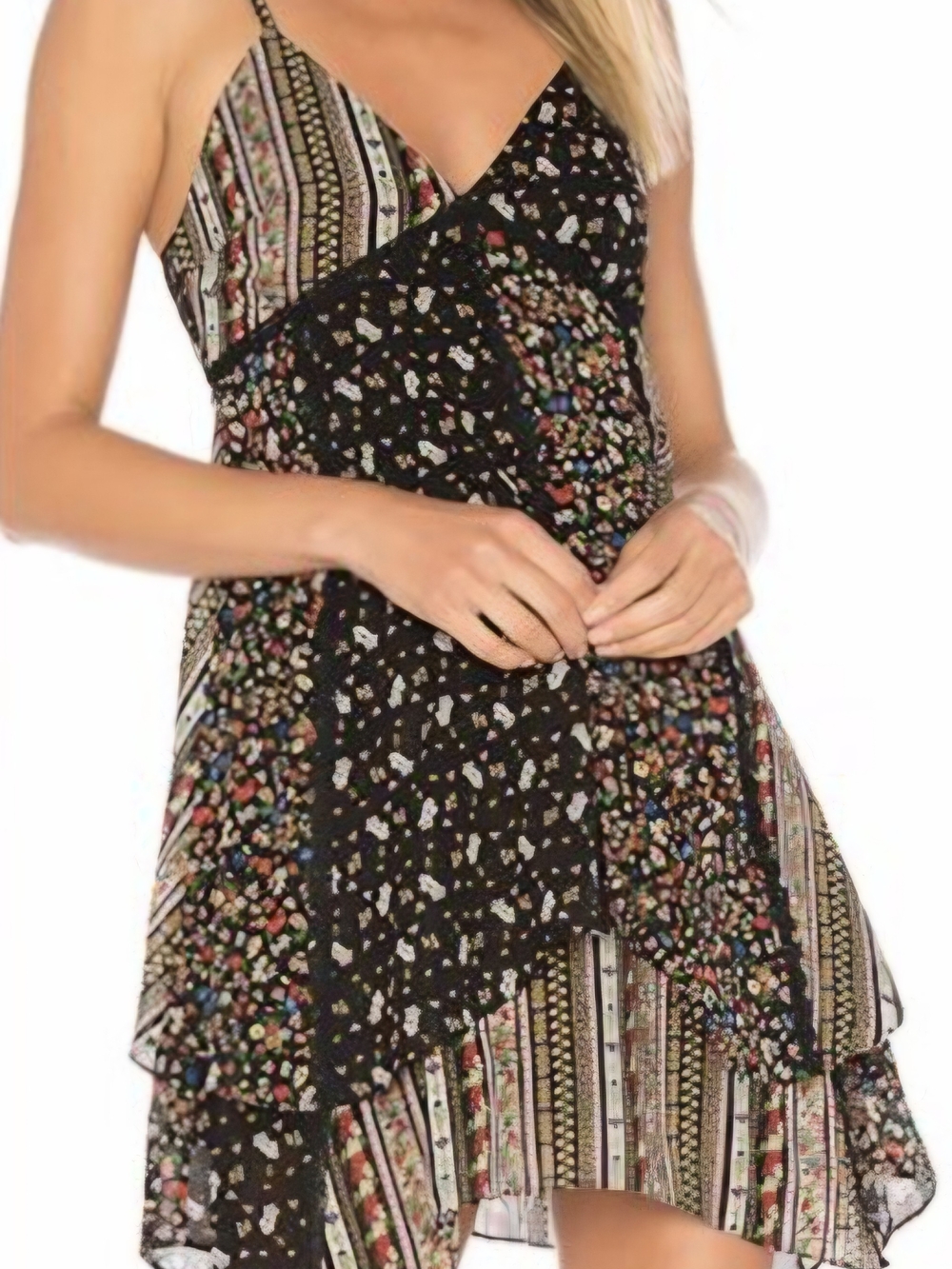 Blue Rain Black Multi-Color Floral & Stripe Boho Style Mini Dress